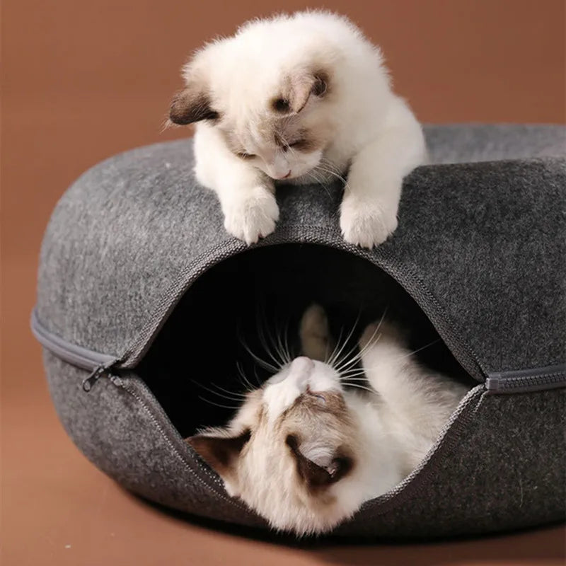 Túnel y cama en forma de donut de doble uso para gatos: juguete interactivo y cama acogedora para gatitos de interior